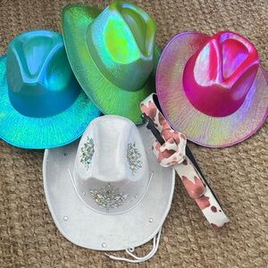 White Rhinestone Cowboy Hat pink and white cow belt 
Colorful Cowboy Hats set